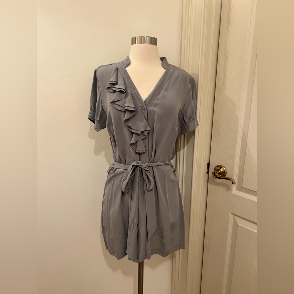 Tabitha Gray Asymmetrical Ruffle Silk V Neck Mini Dress